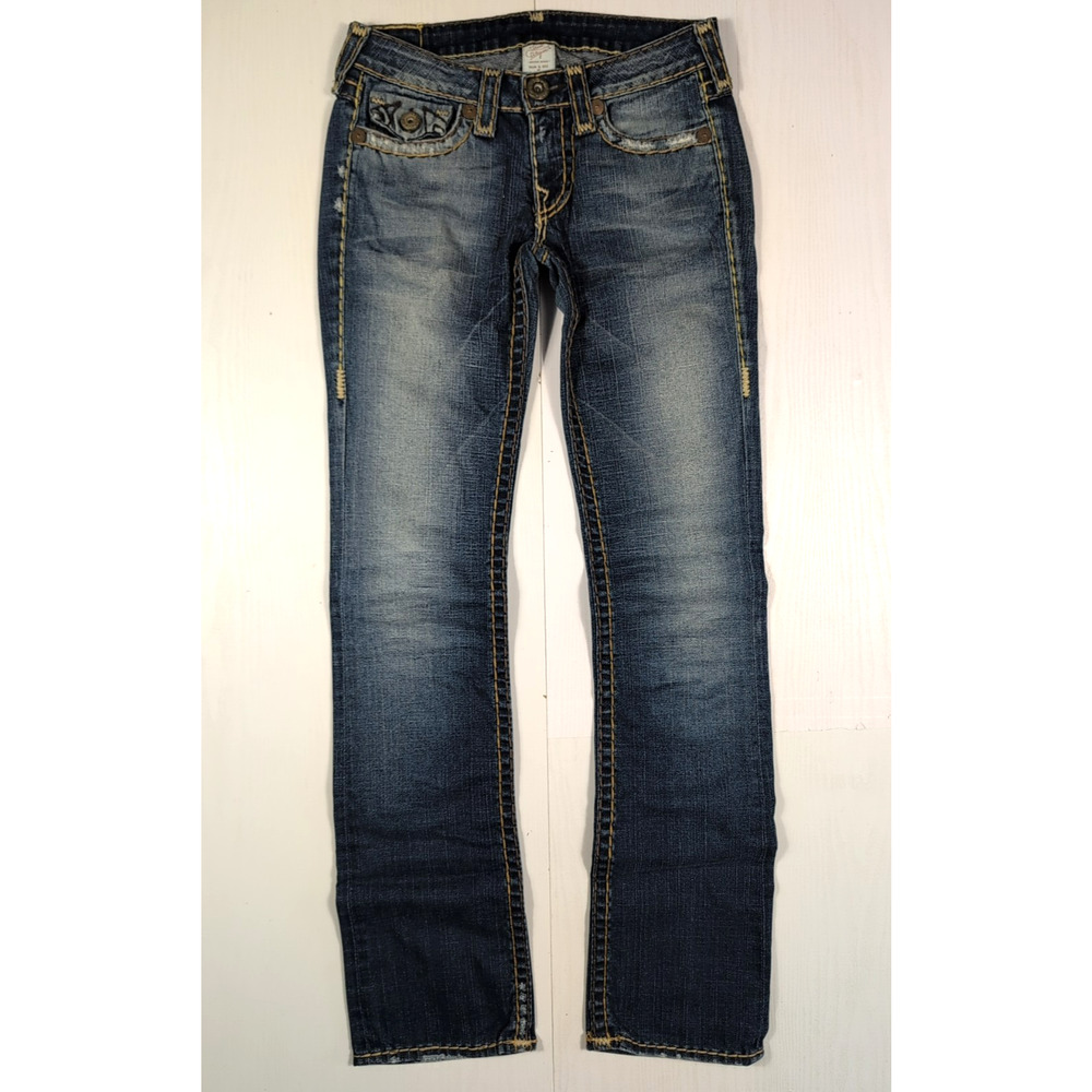 True Religion Billy Super T Womens 28 Blue Straight Leg Flap Pocket Jeans USA